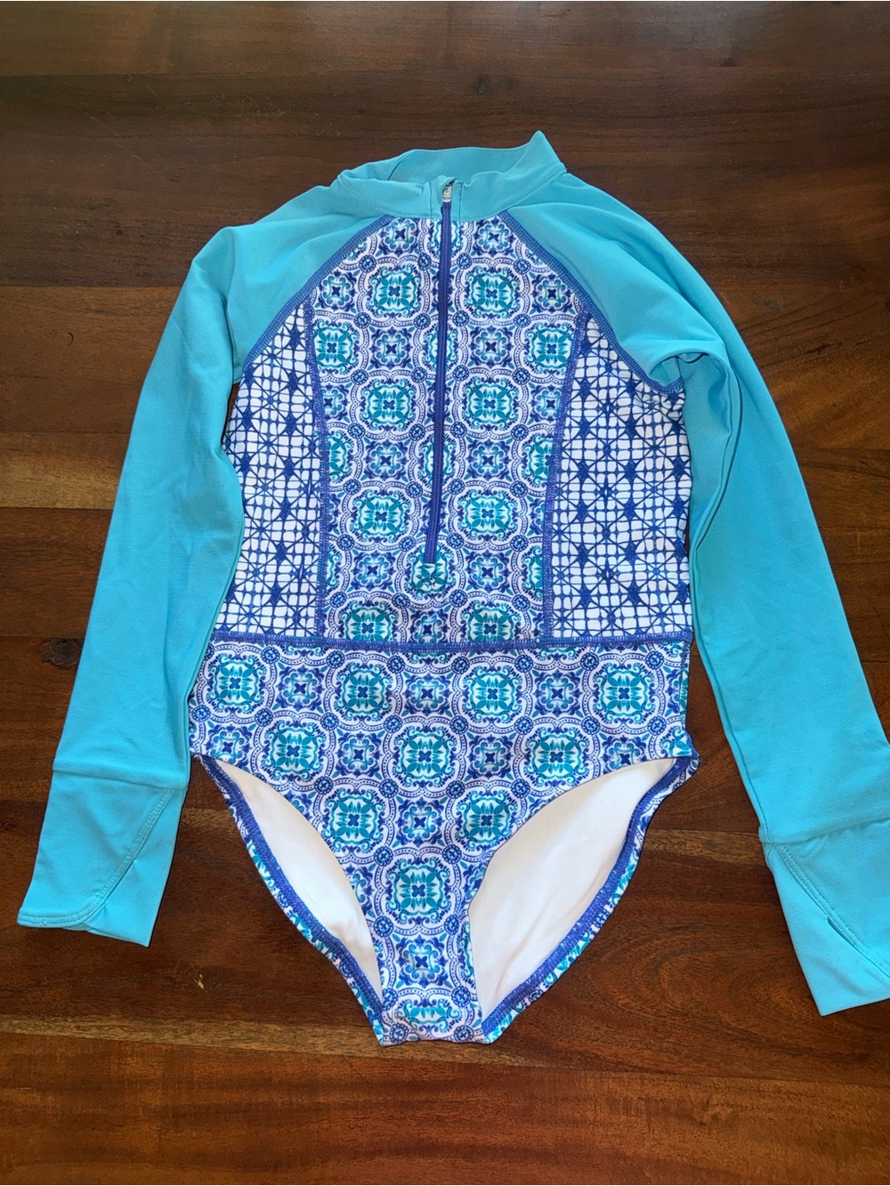 Coolibar Girls‎ Long-Sleeve Turquoise & Blue Printed Rashguard Swimsuit
